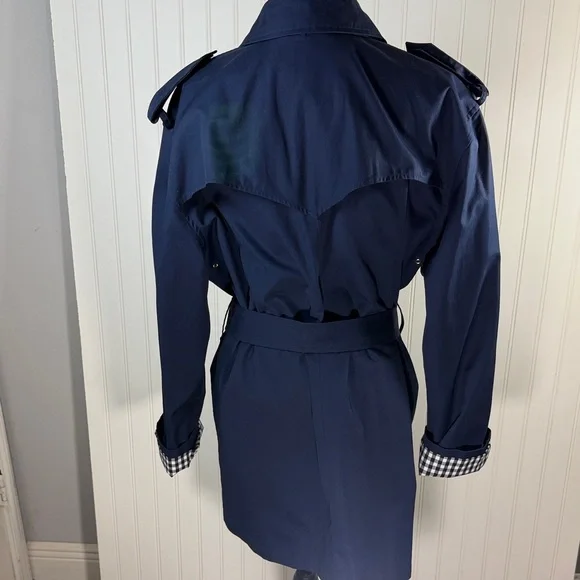 Lauren Ralph Lauren Navy Double-Breasted Belted Trench Coat Checkered Lining L - Picture 3 of 16